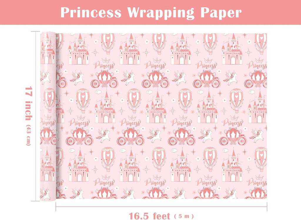 Princess Wrapping Paper - Mini Roll - 17 Inch x 16.5 Feet - Carriage Castle Pink Wrapping Paper Perfect for Kids Girls Birthday, Baby Shower