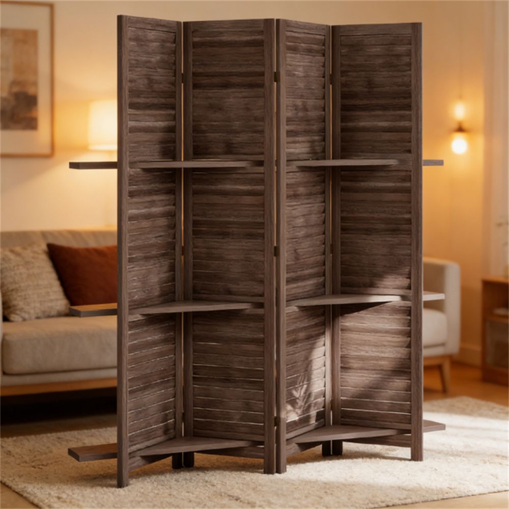 Privacy screen, bedroom partition board, 4 panels, walnut wood