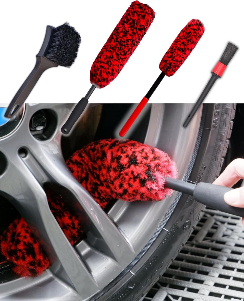 Professional 4 Pack Long Handle Wheel Brush Kit for Cleaning Wheel and Tire- 2X Soft Wheel Cleaning Brush, Detailing Brush and Stiff Tire Brush, Bendable& Durable Wheel Rim Cleaner Brush Set
