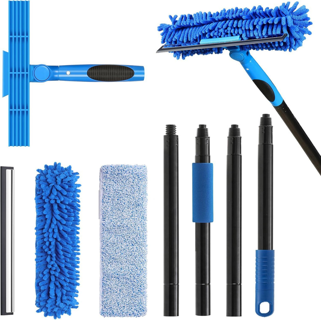 Professional 69'' Window Squeegee Cleaner Tool with Extension Pole, 2-in-1 Squeegee for Window Cleaning Kit with Scrubber and Rotating Head, 1 Blade 2 Scrubber