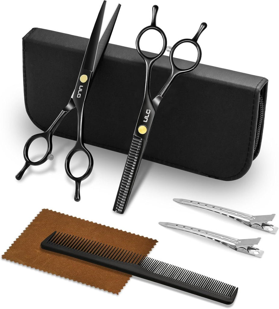 Professional Hair Cutting Scissors Set – 6.5' Japanese Stainless Steel Barber Shears & Thinning Scissors with Comb, Clips & Case  at-Home Salon Haircut Kit for Men, Women, Kids, Black