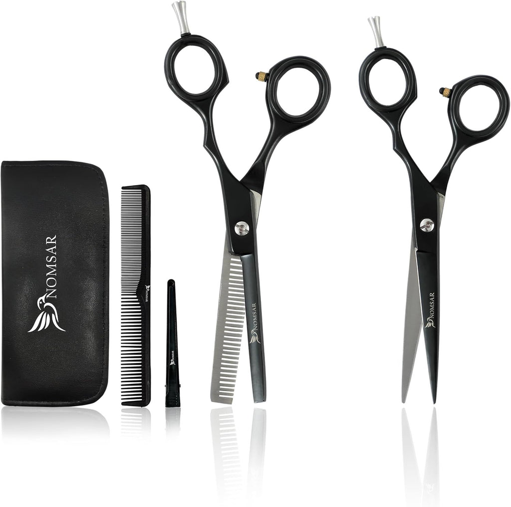 Professional Hair Cutting Scissors Set – 6.5' Japanese Stainless Steel Barber Shears & Thinning Scissors with Comb, Clips & Case – at-Home Salon Haircut Kit for Men, Women, Kids, Black