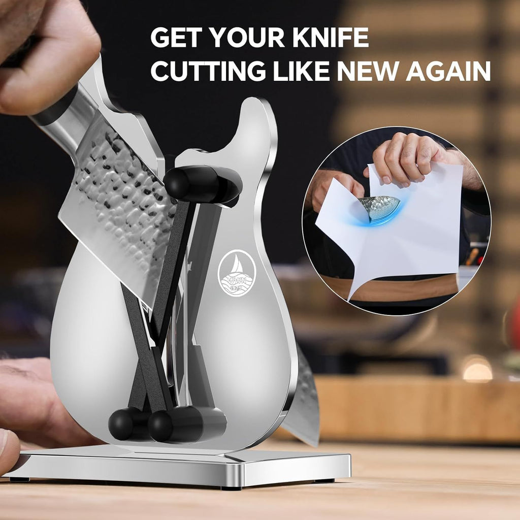 Professional Knife Sharpener, Stainless Steel Sharpening Tool for Kitchen Knives with Self-Adjusting Angle, 3-Action Quick Edge Manual Sharpener with Straight Blade Knives for Chefs & Home Use