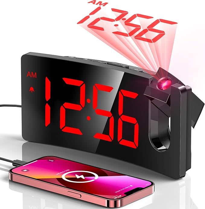 Projection Alarm Clock, Digital Clock with Modern Curved Design 180° Rotatable Projector, 3-Level Brightness Dimmer, Clear Red LED Display, Progressive Volume, 9mins Snooze,12/24H, for Bedroom