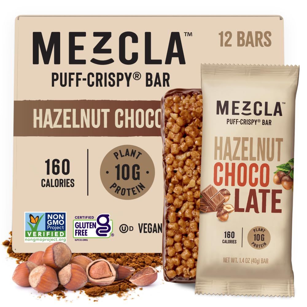 Puff Crispy Protein Bars, Gluten Free & Vegan Protein Bars, 10g Protein, Alt for Crispy Rice Treat, Granola Bars & Breakfast Bars, Healthy Snacks for Adults, Hazelnut Chocolate, 12 Pack