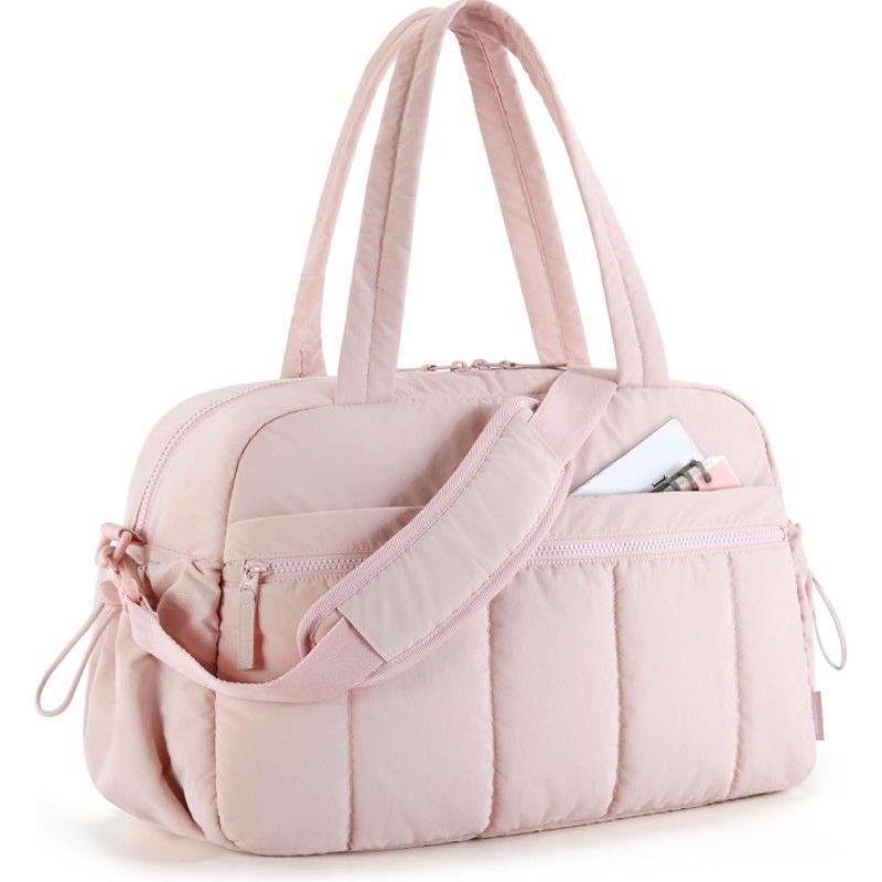 Puffer Duffle Bag for Women, Lightweight Quilted Travel Gym Bag with Detachable Crossbody Strap, Multi Pocket Waterproof Weekender Overnight Handbag