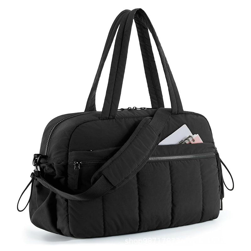 Puffer Duffle Bag for Women, Lightweight Quilted Travel Gym Bag with Detachable Crossbody Strap, Multi Pocket Waterproof Weekender Overnight Handbag