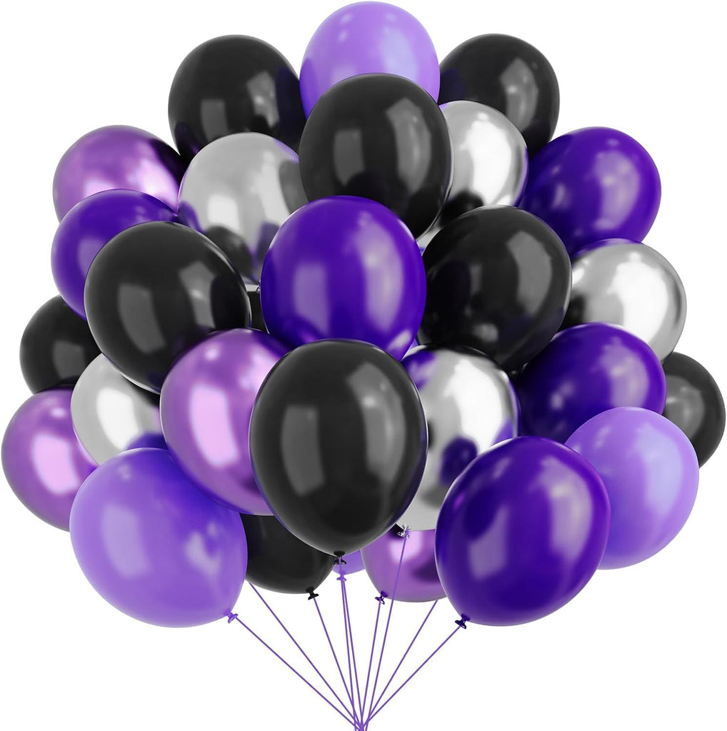 Purple and Black Balloons, 67pcs 12 Inch Purple Black Silver Latex Balloons for Birthday Graduation Bridal Shower Halloween Party Decorations