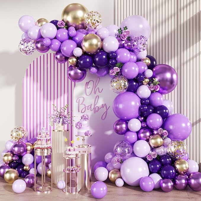 Purple Black and Gold Balloon Arch Kit, 147PCS Latex Balloons Different Sizes 18 12 10 5 inch for Baby Shower Girl Princess Birthday Wedding Engagements Anniversary Party Decoration