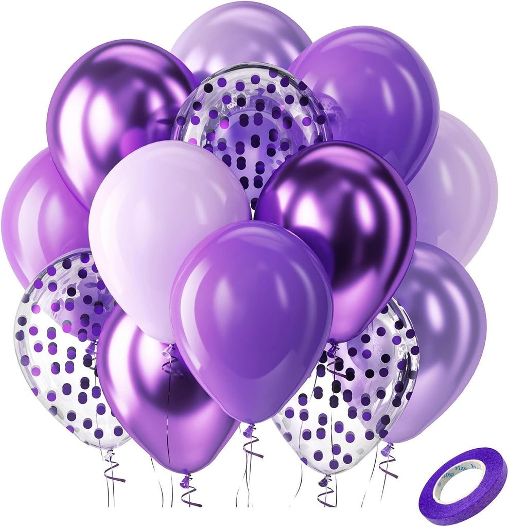 Purple Latex Balloons Kit, 60pcs 12 inch Dark Purple Metallic Chrome Confetti Lavender Lilac Balloons for Women Birthday Wedding Baby Bridal Shower Halloween Themed Party Decorations