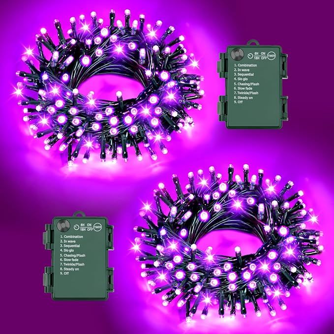Purple Lights Halloween Lights String Total 100LED Battery Operated Outdoor 8 Modes with Timer 16.4Ft*2, 50LED*2 Waterproof Indoor for Halloween Decor, Purple, 2-Pack