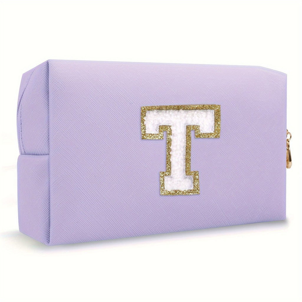 Purple lightweight nylon makeup bag with chenille letter patch