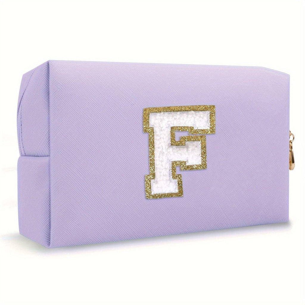 Purple lightweight nylon makeup bag with chenille letter patch