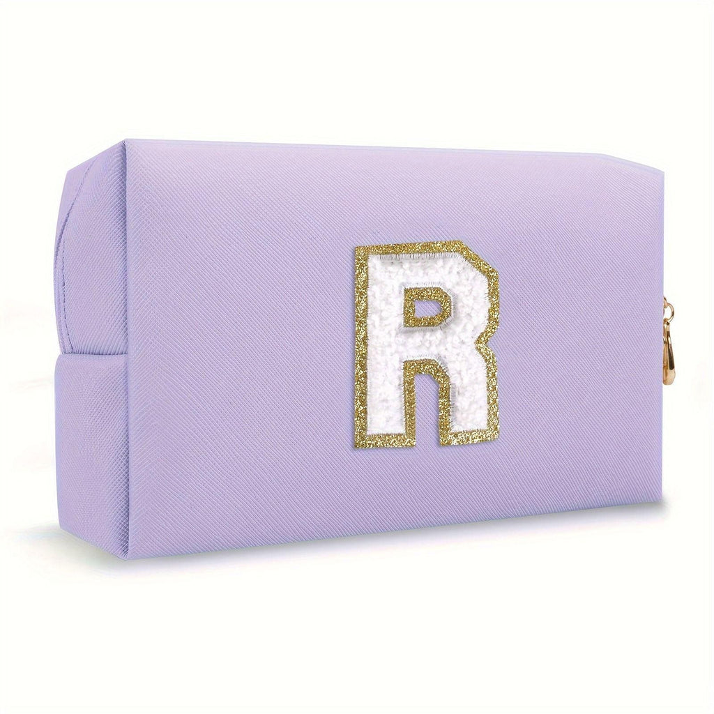 Purple lightweight nylon makeup bag with chenille letter patch
