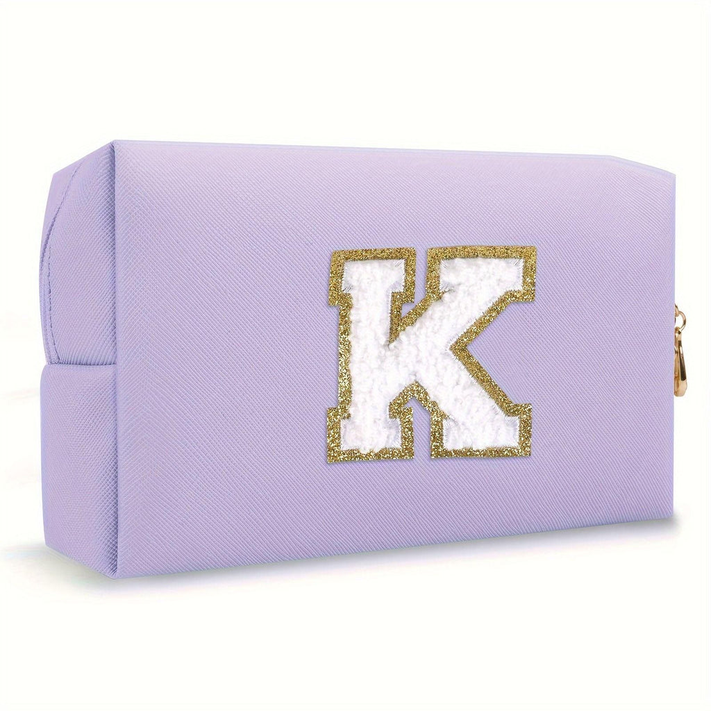 Purple lightweight nylon makeup bag with chenille letter patch