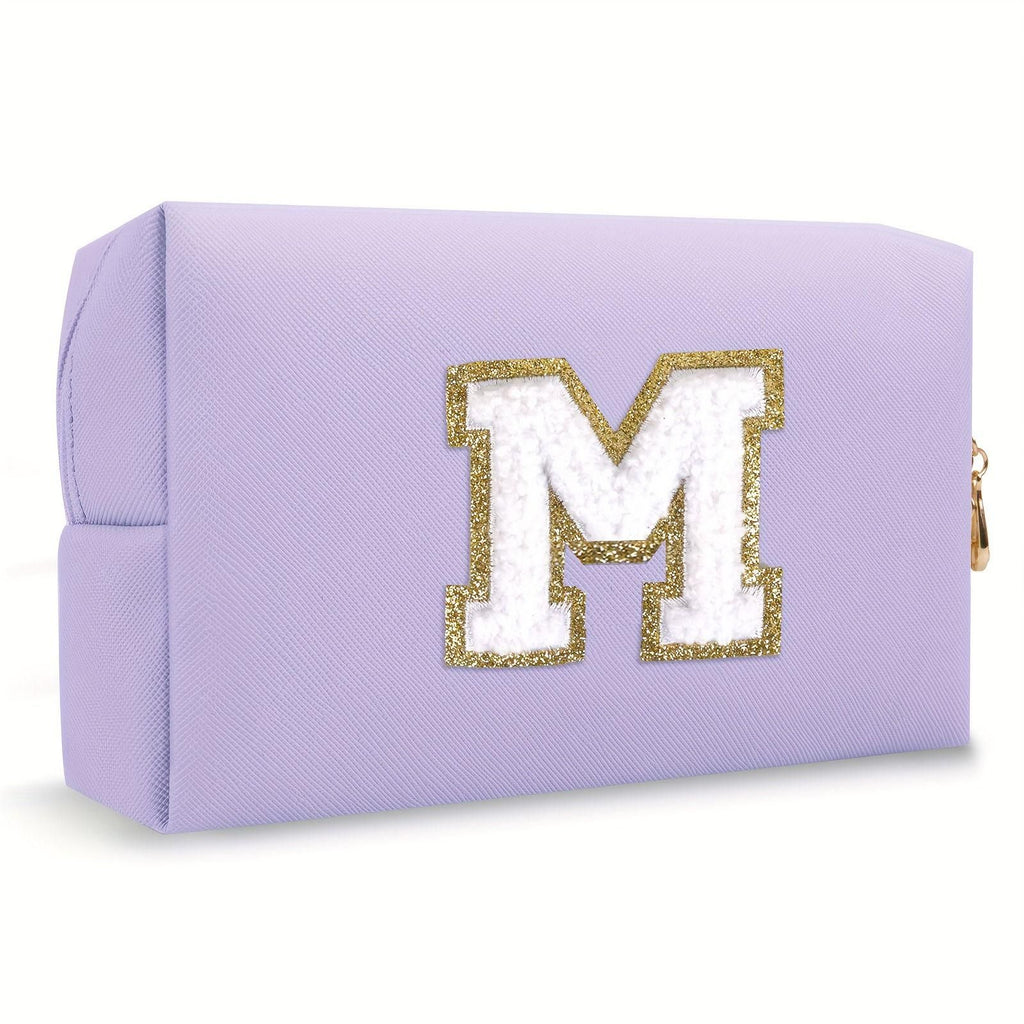 Purple lightweight nylon makeup bag with chenille letter patch