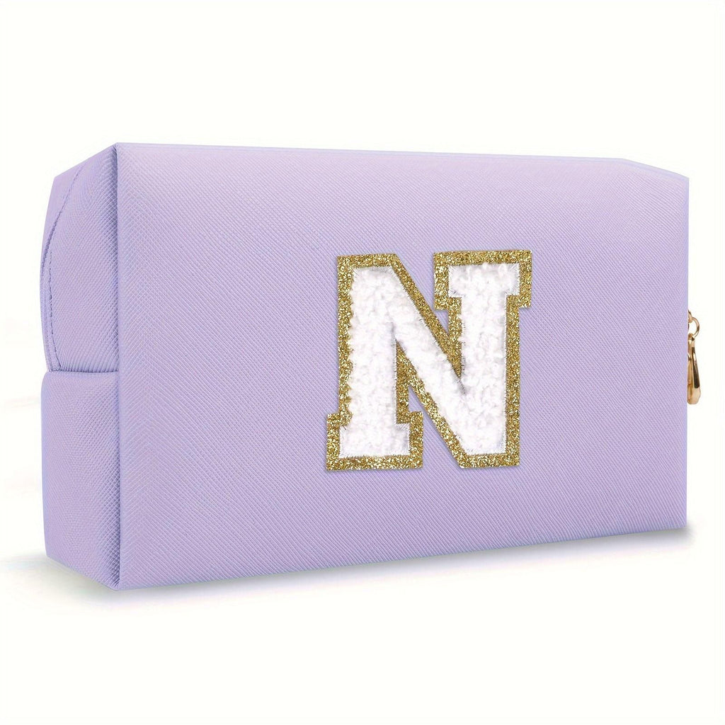 Purple lightweight nylon makeup bag with chenille letter patch