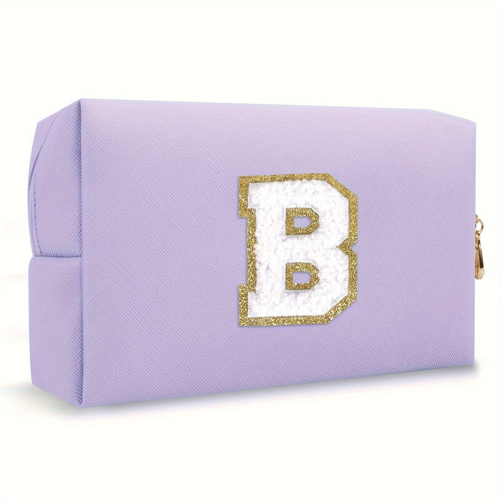 Purple lightweight nylon makeup bag with chenille letter patch