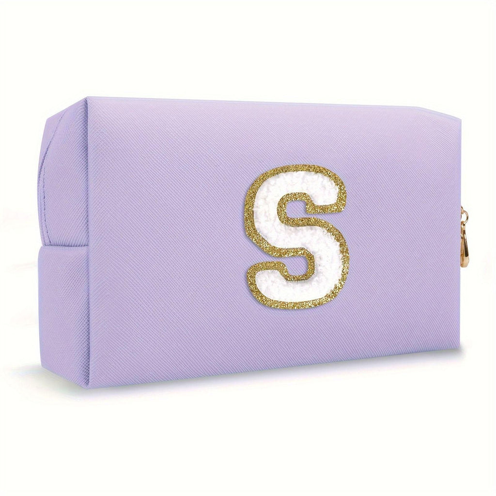 Purple lightweight nylon makeup bag with chenille letter patch