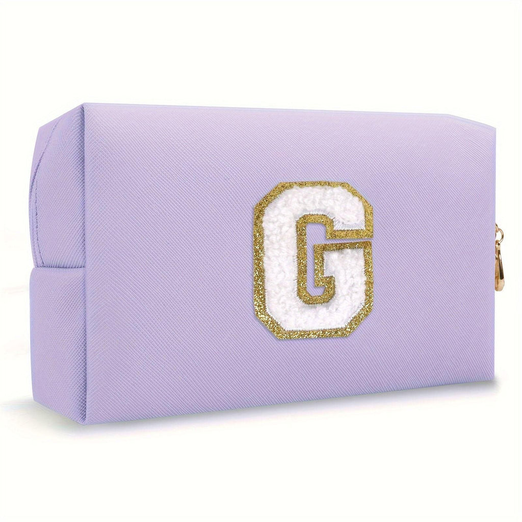 Purple lightweight nylon makeup bag with chenille letter patch