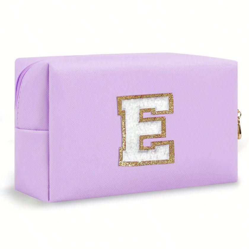 Purple lightweight nylon makeup bag with chenille letter patch