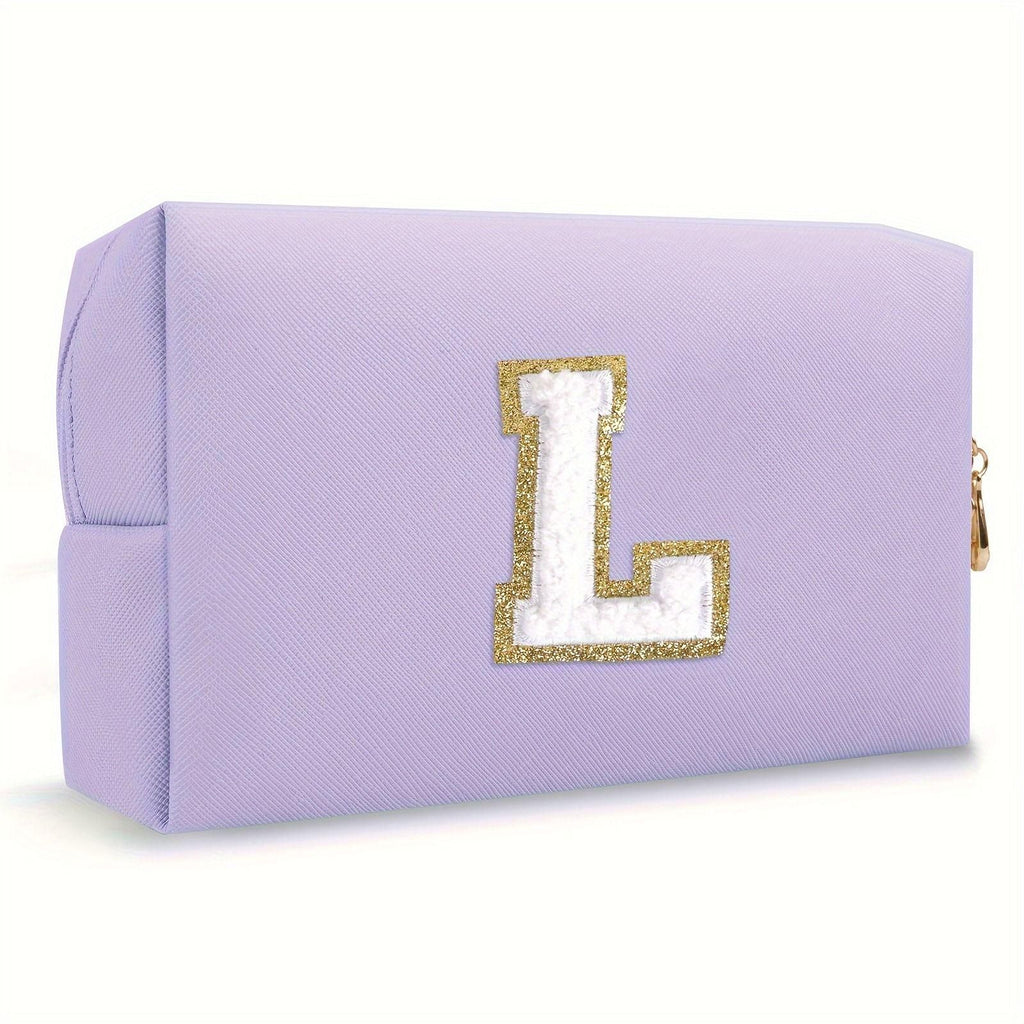 Purple lightweight nylon makeup bag with chenille letter patch