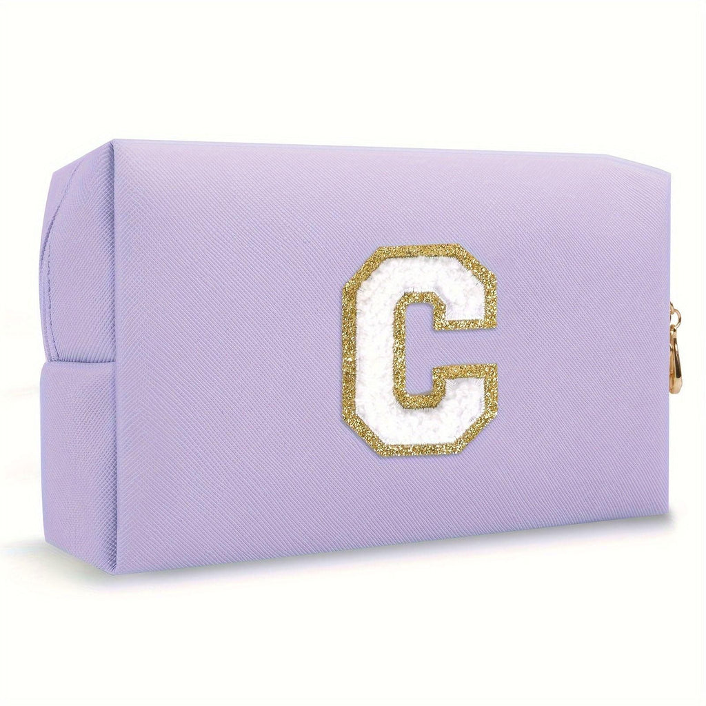 Purple lightweight nylon makeup bag with chenille letter patch
