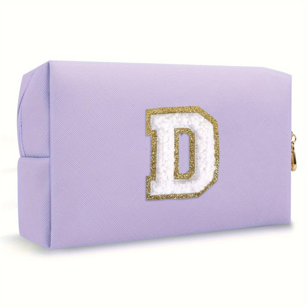 Purple lightweight nylon makeup bag with chenille letter patch