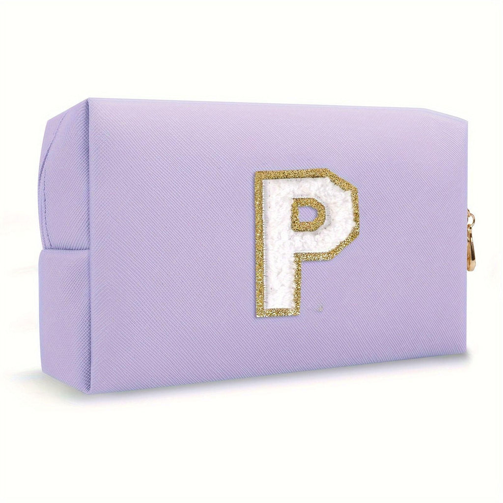 Purple lightweight nylon makeup bag with chenille letter patch