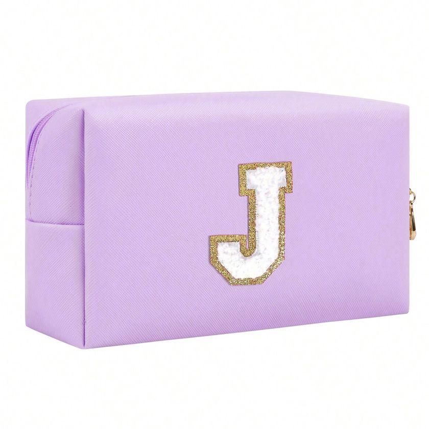 Purple lightweight nylon makeup bag with chenille letter patch