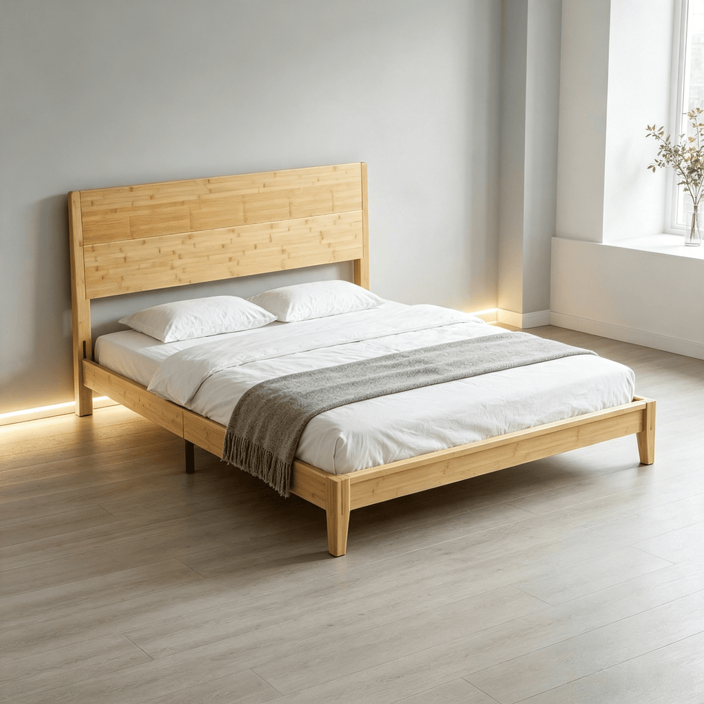Queen Size Bamboo Platform Bed Frame Natural Wood with Headboard 12 Poplar Slats No Box Spring Needed Easy Assembly