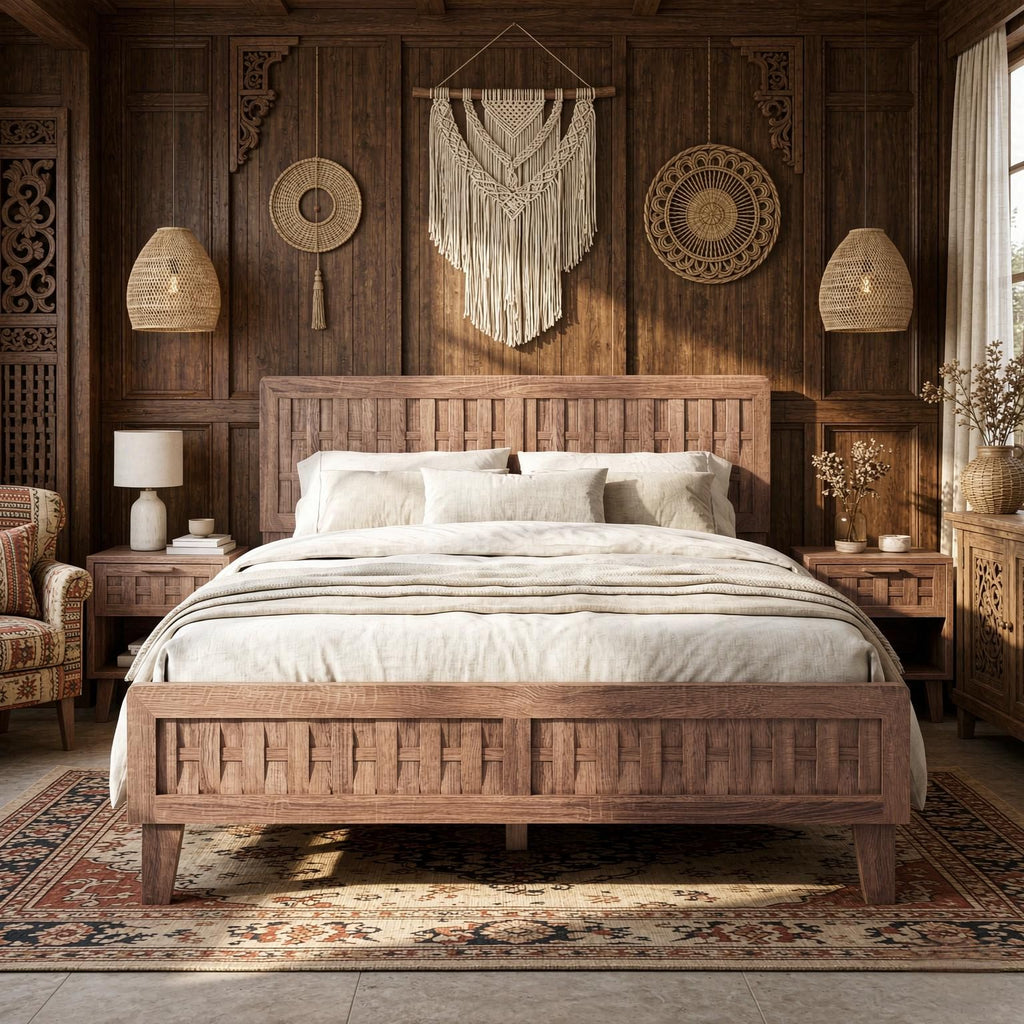 Queen Size Bed Frame mid Century Modern Woven Accent Headboard Wood Platform Bed