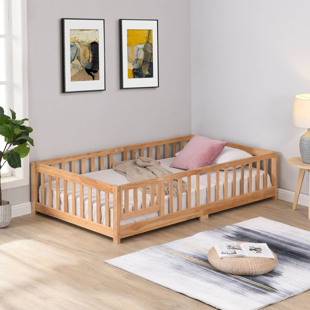 Queen Size Floor Bed with Door, Solid Wood Platform Bed Frame with Fence, Suitable for children, Pine Wood