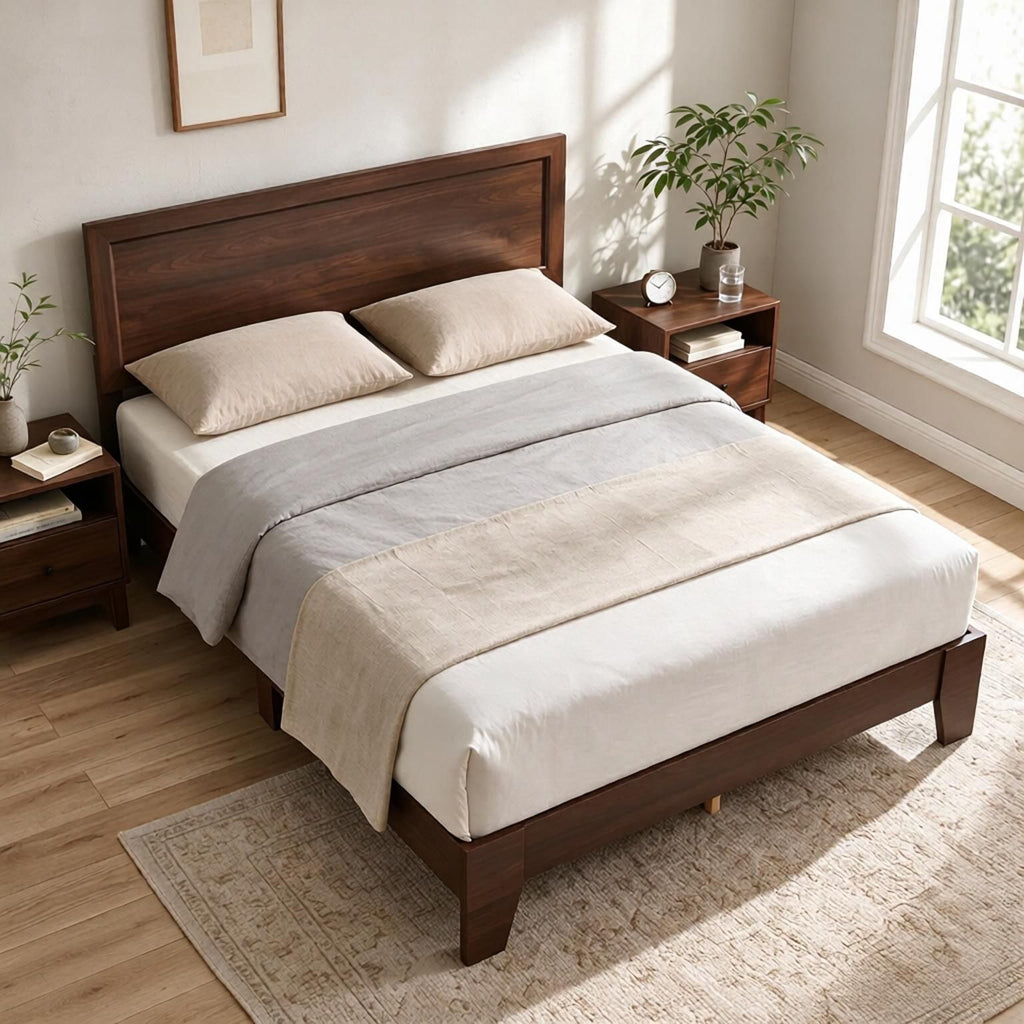 Queen Size Modern Bed Frame with Headboard - No Box Spring  Bed Base Mattress Support System