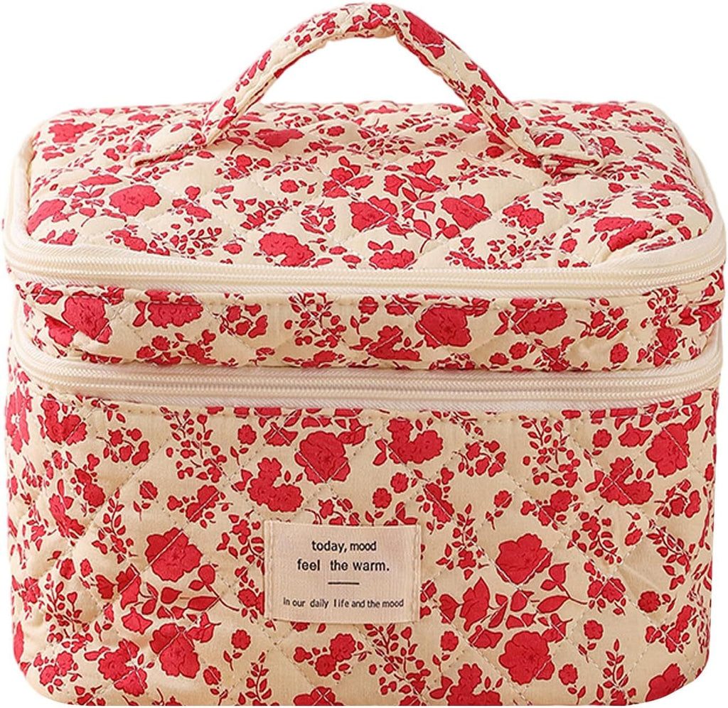 Quilted Double Layer Makeup Bag, Floral Cosmetic Case with Waterproof Compartment & Brush Holder for Travel (Red rose)