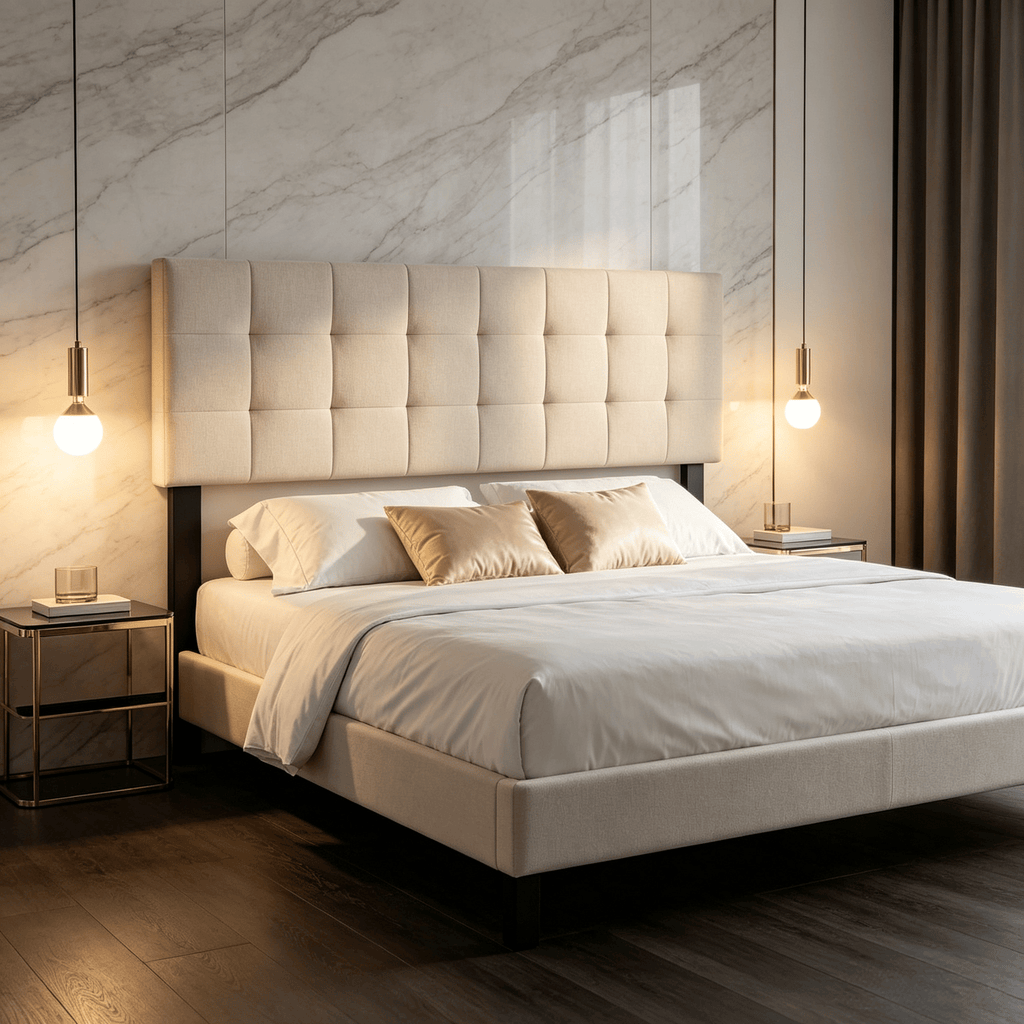 Quilted Grid Linen Upholstered Headboard Queen/Full Size Bed Frame Mount Panel - Fabric Bedding Accessory