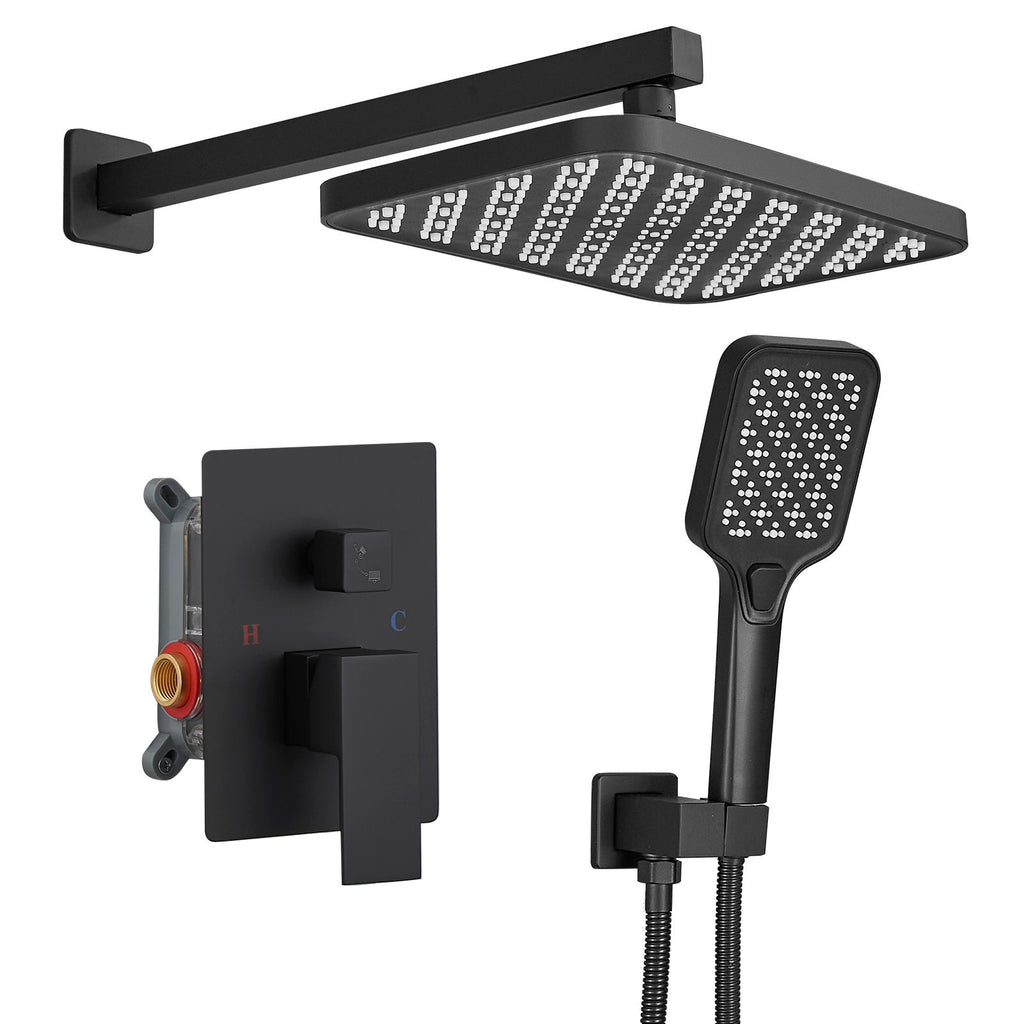 Rainfall 2-Handle 2-Spray 12 in. Square High Pressure Shower Faucet in Matte Black (Valve Included)