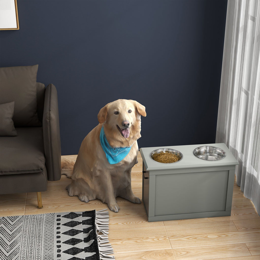 Raised Pet Feeding Storage Station with 2 Stainless Steel Bowls Base for Large Dogs and Other Large Pets, Gray