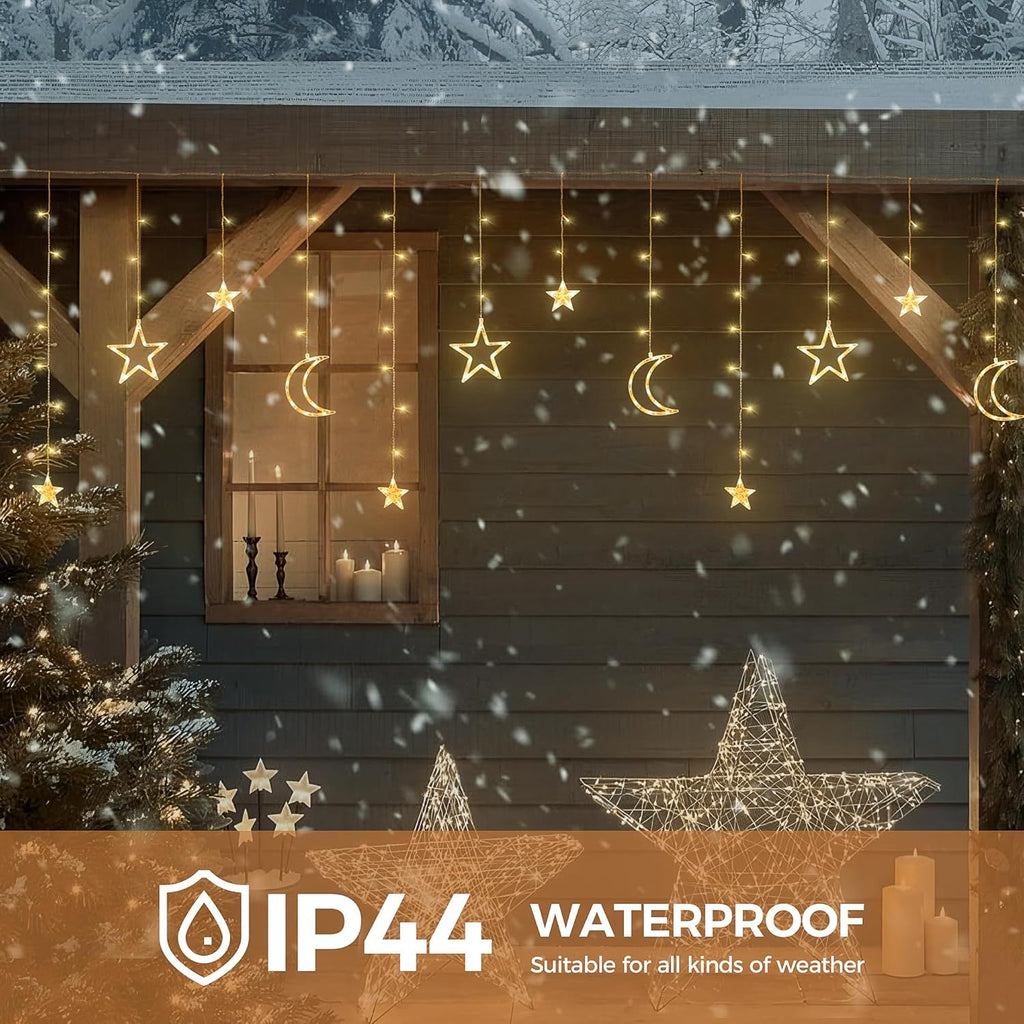Ramadan Solar Icicle Lights,Outdoor Waterproof Moons Stars Curtain Window String with 8 Modes Timer Remote,USB Rechargeable Connectable Warm White Hanging Decor for Patio