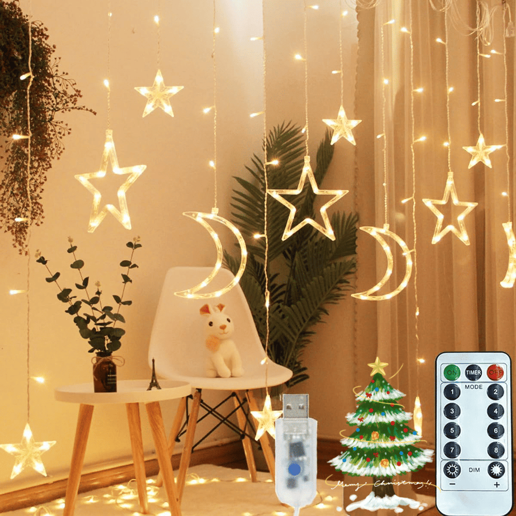 Ramadan Solar Icicle Lights,Outdoor Waterproof Moons Stars Curtain Window String with 8 Modes Timer Remote,USB Rechargeable Connectable Warm White Hanging Decor for Patio