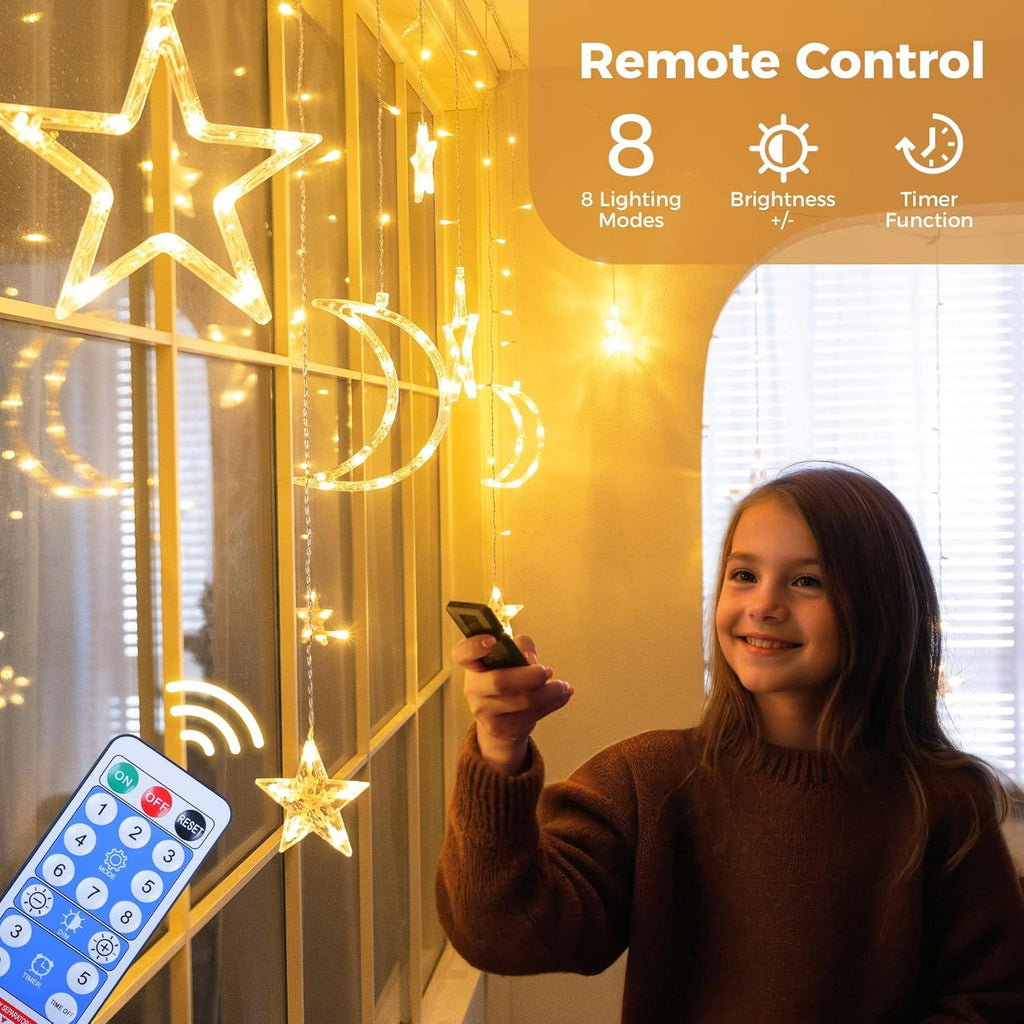 Ramadan Solar Icicle Lights,Outdoor Waterproof Moons Stars Curtain Window String with 8 Modes Timer Remote,USB Rechargeable Connectable Warm White Hanging Decor for Patio