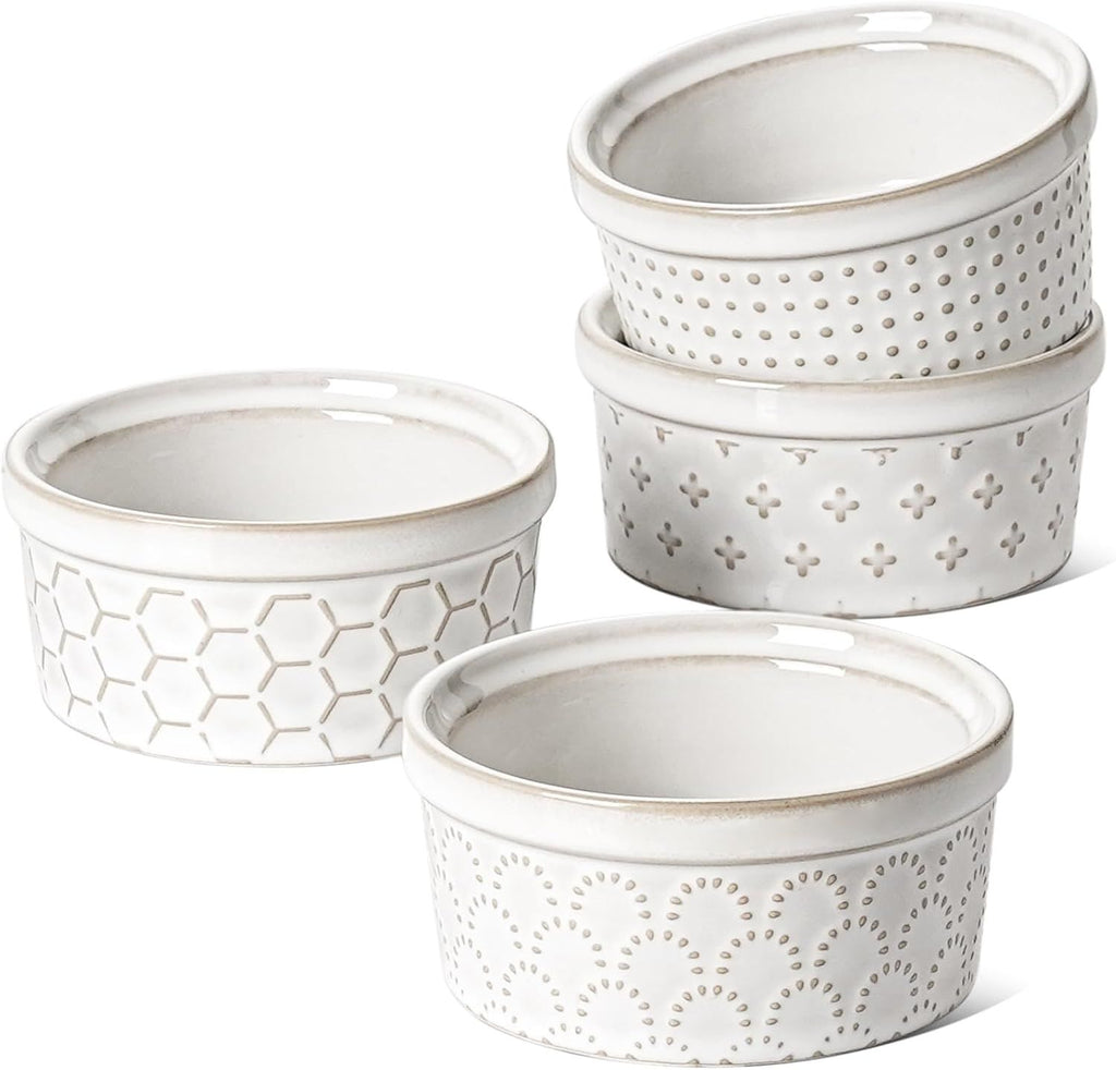 Ramekins 4 oz Oven Safe for Creme Brulee, Charcuterie Boards Bowls for Souffle, Small Sauce Bowl, Ceramic Baking Dishes - 3.8 inch, Set of 4, Arctic White