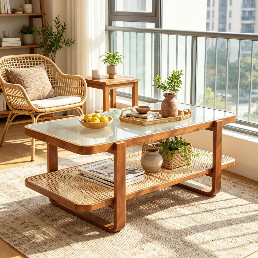 Rattan Coffee Table with Tempered Glass Top And Storage Shelf Modern Outdoor Indoor Living Room Furniture
