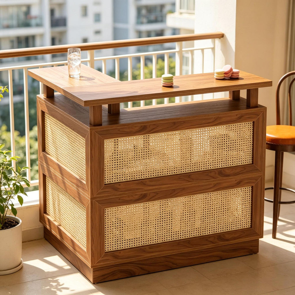 Rattan L-Shaped Home Bar Unit with 4-Tier Storage Shelf Bar Table Liquor Cabinet for Home Bar & Kitchen
