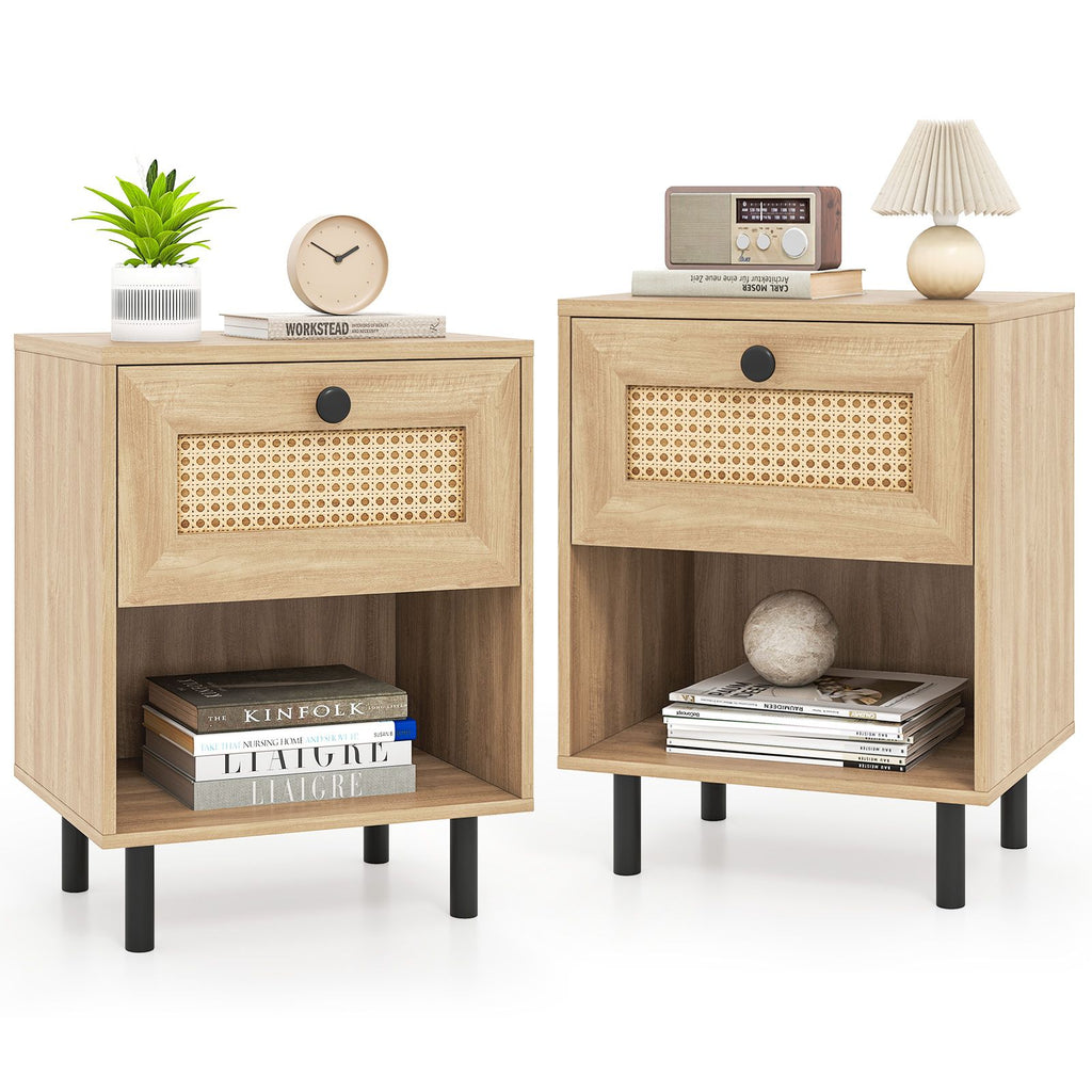 Rattan Nightstand Boho End Table with Rattan Drawer and Open Shelf Set of 2