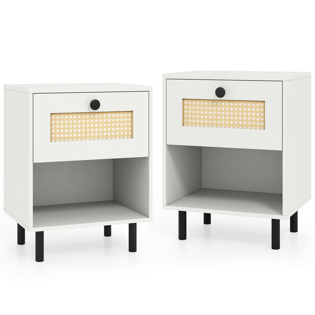 Rattan Nightstand Boho End Table with Rattan Drawer and Open Shelf Set of 2