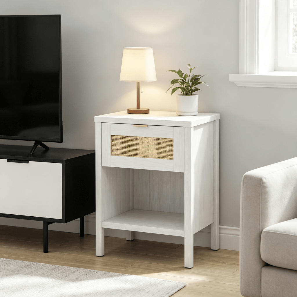 Rattan Nightstand with Charging Station And Storage Shelf for Bedroom - Modern Design Wood Top And Metal Frame