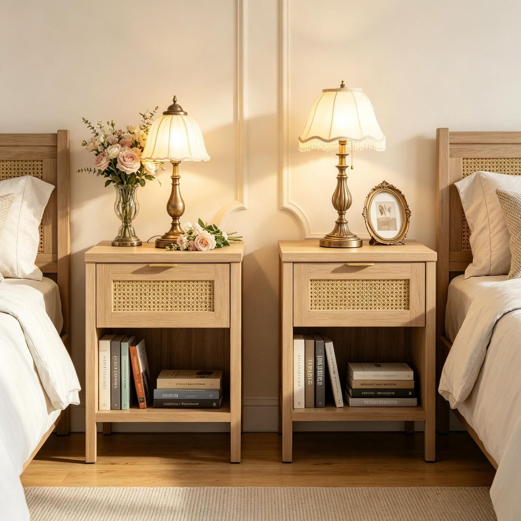 Rattan Nightstand with Charging Station And Storage Shelf for Bedroom - Modern Design Wood Top