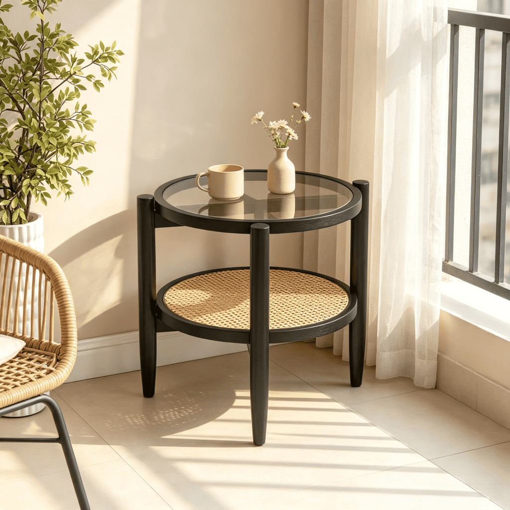 Rattan round Side End Table with Tempered Glass Tabletop Outdoor Coffee Table   End Table for Living Room