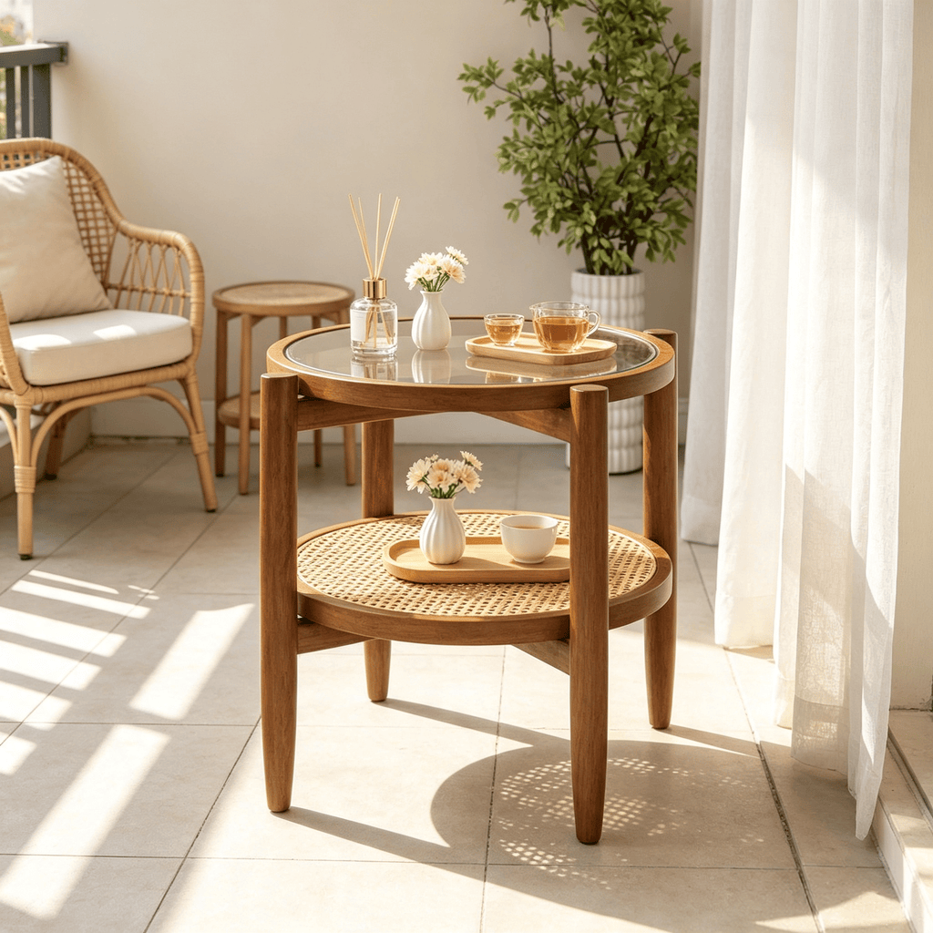 Rattan round Side End Table with Tempered Glass Tabletop Outdoor Coffee Table   End Table for Living Room
